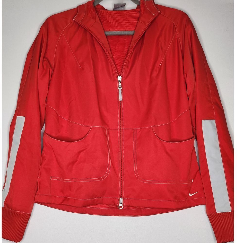 Nike Womans Windbreaker Rain Jacket Medium 8-10 Red Hood pockets Reflective